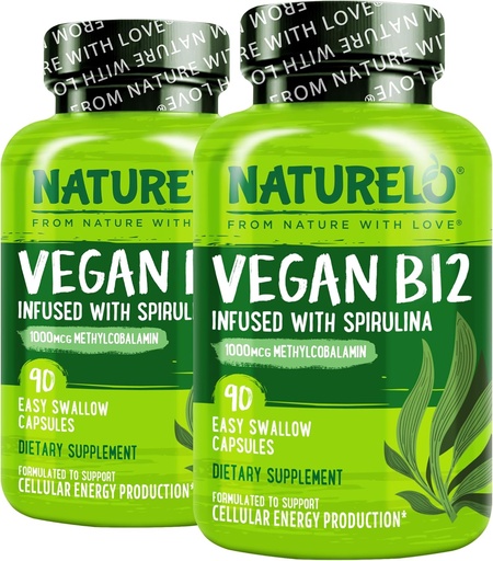 [BRSW2YABB4HWM2DP] NATURELO Vegan B12 - Methyl B12 with Organic Spirulina - High Potency Vitamin B12 1000 mcg Methylcobalamin - Supports Healthy Mood, Energy, Heart & Eye Health - 90 Capsules (Pack of 2)