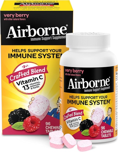 [BRSWKFAKOEGAIEDE] Airborne 1000mg Vitamin C Chewable Tablets with Zinc, Immune Support Supplement with Powerful Antioxidants Vitamins A C & E - 96 Chewable Tablets, Very Berry Flavor