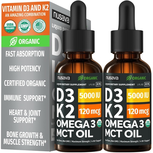 [BRSWYEIQPJ5Q2EL5] (2 Pack) Organic Vitamin D3 K2 Drops with MCT Oil Omega 3, 5000 IU — Liquid D3, No Fillers, Non-GMO, Immune Support (Unflavored, 2 Fl Oz)