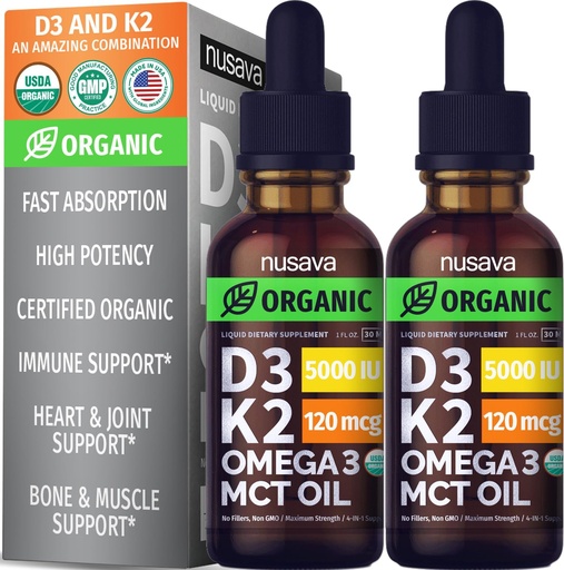 [BRSWYEIQPJ5Q2EL5] (2包)有机维生素D3 K2 与MCT Oil, Omega 3, 5000 IU - 维生素D液体,无填充剂,非GMO D3 用于防体和更快的吸收, 不味, 2 Fl Oz