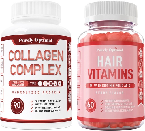 [BRSROBQKOAGQYYD5] Tik optimalus Premium Multi Collagen Peptides Capsules (I, II, III, V, X tipai) + Premium Plaukų vitaminai papildai Gummy vitaminai w / biotinas, folio rūgštis, vitaminai A & D