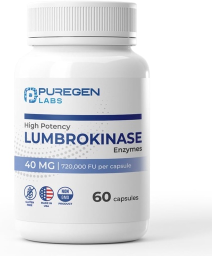 [BRSRAAD2B4IRG3T2] Puregen Labs Lumbrokinase 40mg per Capsule High Potency Supplement TEN High Activity Lumbrokinase Enzymes TEN No Harmful Additives ← Non-GMO TEN Gluten Free TEN Made in USA - 60 Vegetarian Capsules