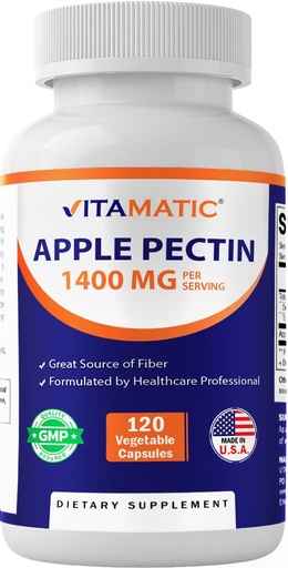 [BRSW2HYPO4BWEYLU] Vitamatic Apple Pectin 700mg – 120 Vegetarian Capsules per Bottle Natural Dietary Fiber Supplement – Supports Digestive Health & Regularity*