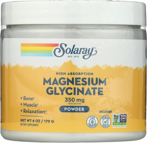 [BRSRA2QKBEFRAFDJ] SOLARAY Magnesium Glycinate Powder 350 mg - Unflavored Magnesium Powder - Magnesium Supplement for Bone, Muscle, and Relaxation Support - Vegan, Non-GMO, 60-Day Guarantee - 50 Servings, 6 OZ