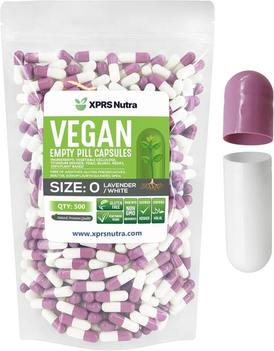 [BRSWY2QKCN6WKA34] XPRS Nutra Size 0 Empty Capsules - 500 Count Empty Vegan Capsules - Vegetarian Pills - DIY Vegetable Filling - Veggie Pill Caps for Do-It-Yourself Supplements (Lavender/White)