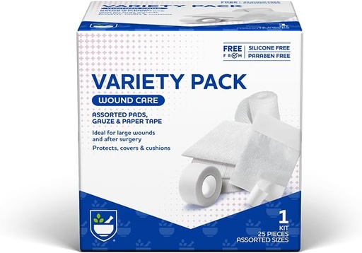 [BRSWGAITOAMGA23J] Rite Aid Pirmā palīdzība Gauze Pads, Variety Pack - Ietver 25 Assorted Gauze Pads & Lenta - Sterile Gauze Pads -- Pirmās palīdzības komplekts - Brūces aprūpes piederumi
