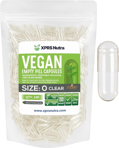 [BRSWGCT7BAOWYFLO] XPRS Nutra Size 0 Empty Capsules - 100 Clear Count Empty Vegan Capsules - Vegetarian Pill - DIY Vegetable Capsule Filling -Veggie Pills for Do-It-Yourself Supplements
