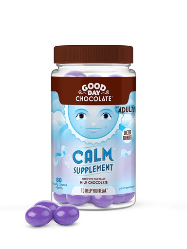 [BRSWGFA6OUFBAA34] Good Day Chocolate Natural Calming Supplement for Adults, Blend of Camomile, Theanine, Magnesium, Fair Trade and Non-GMO Chocolate, 80 Pieces