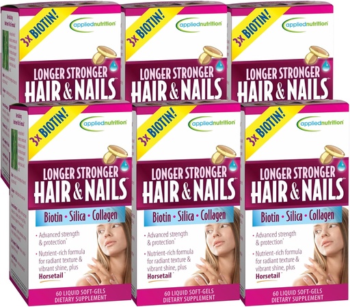 [BRSWGGQDAQAQ4EL3] Applied Nutrition Longer Stronger Hair & Nails - 60 Liquid Soft-Gels, Pack of 6 - Biotin, Silica & Collagen - 180 Servings