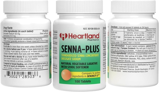 [BRSWYHTRPIFREDL6] Senna- Plus Natural Vegetable Sennoide Laxative 124; Natural Vegetable Laxative 124; Gentle Overnight Relief; Docucate Sodium Stool Softtener 124; 100 Tablet
