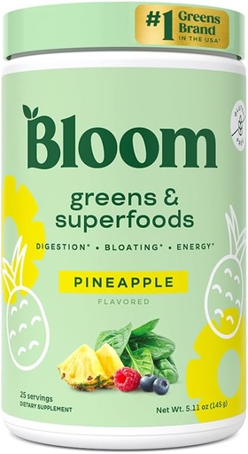 [BRSRAEATDIJWCDI3] Bloom Nutrition Superfood Greens Powder, Digestive Enzymes with Probiotics and Prebiotics, Gut Health, Bloating Relief for Women, Chlorella, Green Juice Mix with Beet Root Powder, 25 SVG, Pineapple