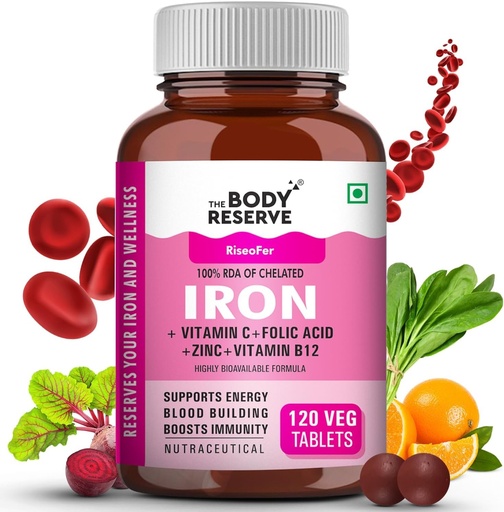 [BRSROAY7CN6WY2YY] Iron Plus for Women (Plant Based, Chelated Iron, Folic Acid, VIT C, B12, B9, Spinach, Beetroot Extract) - High Absorption, Supports Blood Building, Energy & Immunity, 100% RDA, 120 Tablet