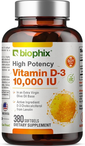 [BRSWIGADOEBQICDY] biophix Vitamin D-3 10000 IU 380 Softgels - High-Potency in Extra Virgin Olive Oil Non-GMO Soy-Free Supports Strong Bones Immune Health