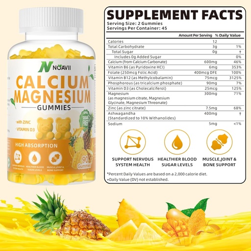 [BRSROHYTDMPRQ3A7] Calcium Magnesium Zinc Gummies with Vitamin D3, ashwagandha Supplement - High Potency Enhanced Absorption - Pineapple Flavor-90 Count