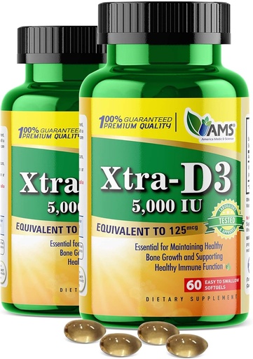 [BRSRMFQ5OJYRAD3J] America Medic & Science Xtra D3 Vitamin D 5,000 IU (125 mcg)Cholecalciferol Supplement for Men & Women(120Easy to Swallow Softgels) 2pack|Best for Bone,Heart Health,Immune System Support,Lung Function