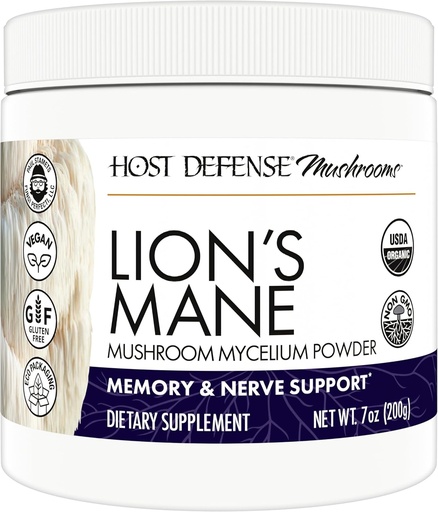 [BRSRMALYCUORSYDP] Host Defense Lion's Mane Powder - Brain Health Support Supplement - Fokua eta memoriaren funtzioa onartzeko onddoen osagarria - Immune & Nervous sistemaren laguntza gehigarria - 7 oz (133 zerbitzatu)*