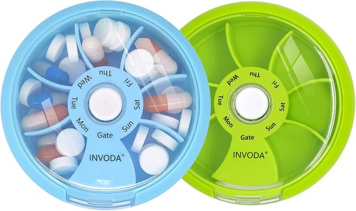[BRSW2ZAEOQIAOYDU] INVODA Weekly Pill Organizer 7 Compartiment Pill Box rotative pour les médicaments quotidiens et les vitamines - Portable Travel Pill Case Suppléments d'huile de poisson Vitamines Organizer (Green+Blue)