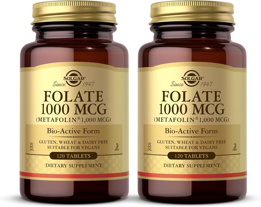 [BRSWICAHC4IAOC3U] Solgar Folate 1000 mcg - 120 Tablets, 2 Pack - 1000 mcg Bio-Active Metafolin - Vegan, Gluten Free, Dairy Free, Kosher - 240 Total Servings