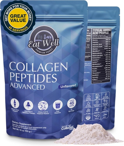 [BRSROBIFCMGQEDL3] EAT WELL PREMIUM FOODS Collagen Peptides Powder Protein 45 Servings, 16oz, Collagen for Skin, Bone and Joint Support, Type I & III Grass Fed Collagen Supplements for Women and Men, Keto, Amino Acids