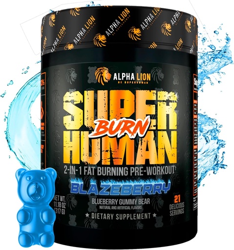 [BRSW2233CMDRAEL7] ALPHA LION Superhuman Burn - 2 1ean Metabolism Booster Pre Workout and Thermogenic Fat Burner gizonentzat - Appetite Suppressant and Weight Loss Supplement (21 zerbitzu, Blue Gummy Bear Flavor)