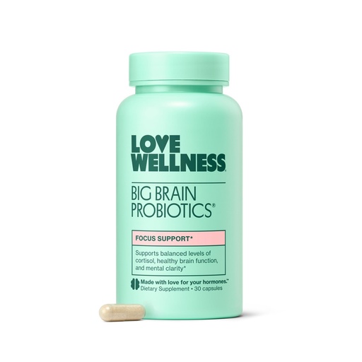 [BRSRMHQOPMNRYHYV] Love Wellness Big Brain Probiotics | Nootropics Brain Support Supplement | Brain Supplements for Memory and Focus | Promotes Mental Clarity & Mood | Organic Reishi, Chaga, & Lions Mane | 30 Count