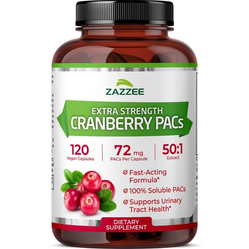 [BRSROFQZBUPRYCQU] Zazzee Cranberry PACs 72 mg per Capsule, 50:1 Extract, 120 Vegan Capsules, 2X Strength, 4 Month Supply, Fast-Acting, Effective Urinary Tract & Bladder Support, 100% Soluble PACs, Made in the USA
