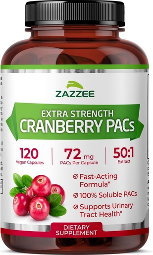 [BRSROFQZBUPRYCQU] Zazzee Cranberry PACs, 72 mg PACs per Capsule, 2X síla, 100% rozpustnost, 120 Vegan Kapsle, 50: 1 Extract, 18,200 mg síla, Fast- acting, Effective Urinary Tract Support, Made in USA