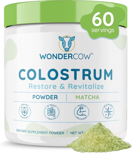 [BRSRAYI2BV7WYDLK] WONDERCOW Colostrum Supplement Powder for Gut Health, Immune Support, Muscle Recovery & Wellness | Natural IgG Pure Whole Bovine Colostrum Superfood, Matcha, 60 Servings