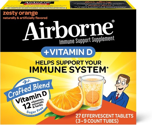 [BRSW2FA7AEIRUGQ4] Airborne 750mg Vitamine C avec comprimés effervescents de zinc, supplément de soutien immunitaire avec des antioxydants puissants Vitamines A C D3 & E - 27 comprimés de boisson gazeuse, saveur orange zeste
