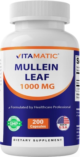 [BRSWYBICDIIRAFLO] Vitamatic Mullein Leaf 1000mg per Serving - Supports Healthy Respiratory, Bronchial & Immune Function - 200 Capsules