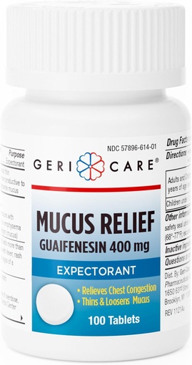 [BRSWIZ3QCQCQMDL2] Mucus Relief Tablets by Geri-Care | Expectorant for Chest Congestion Relief | Guaifenesin 400mg | 100 Count Bottle