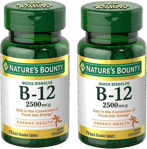 [BRSROZQPDICAMFA3] Nature's Bounty Vitamin B12 2500 mcg, Cellular Energy Support, for Energy Metabolism, Heart & Nervous System Health, 75 Quick Dissolve Tablets (Pack of 2)