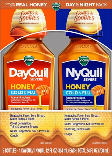 [BRSWYEAZDEPRQGQU] VICKS DayQuil & NyQuil SEVERE Honey Flavor Co-Pack, Cold & Flu Medicine, Relieves Head, Fever, Sore Throat, Minor Aches & Pains, Nasal Congestion, Sinus Pressure, Stuffy Nose, and Cough, 2x12oz