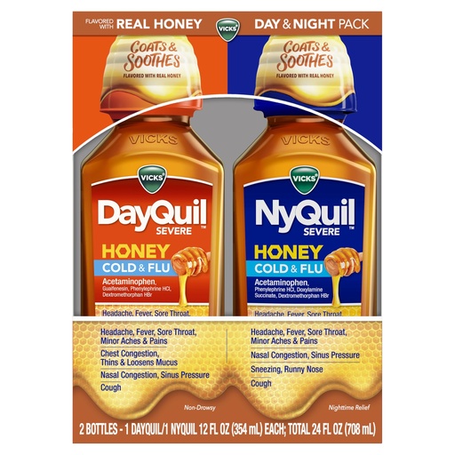 [BRSWYEAZDEPRQGQU] Vicks DayQuil and NyQuil Severe Cold & Flu, Honey, Liquid Over-the-Counter Medicine, 2x12 Oz