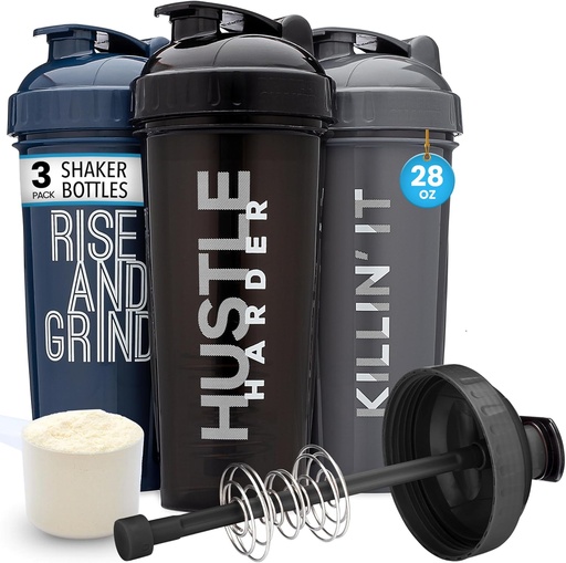 [BRSRMBARA4PBYCL5] GOMOYO [3-Pack] 28-Ounce Shaker Bottle with Action-Rod Mixer | Protein Shaker Bottle with Motivational Quotes | Shakers for Protein Shakes are BPA Free and Dishwasher Safe | Silver, Blue, & Black