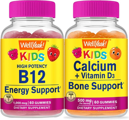 [BRSROAI5PINWEAA6] WellYeah Vitamin B12 Kids + Calcium + Vitamin D3 Kids, Gummies Bundle - Great Tasting, Vitamin Supplement, Gluten Free, GMO Free, Chewable Gummy