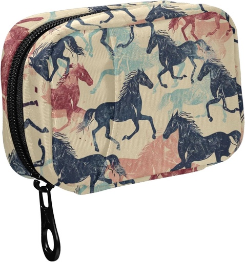 [BRSRABTYOENGG3YZ] Fustylead Retro Colorful Running Horse Silhouette Pill Organizer for Purse, Weekly Portable Pill Box with Zipper to Storage Vitamins Fish Oils Medications Supplements