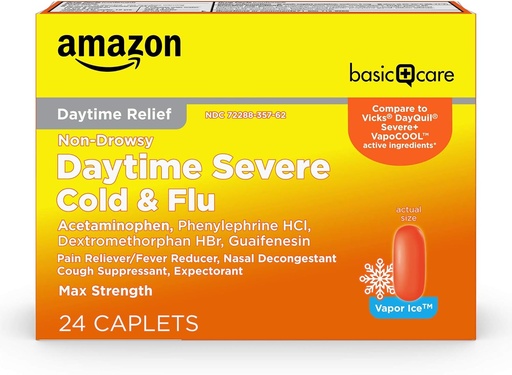 [BRSWYZINOECWK3DD] Cuidados básicos Durante o dia Caplets de frio e alívio da gripe, Medicação para sintomas graves de frio e gripe Como dor de cabeça, febre, tosse, congestão torácica e nasal, vapor de gelo, 24 contagem