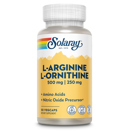 [BRSWIYTYO4AQOHL2] SOLARAY L Arginine L Ornithine 750mg Amino Acids Supplement - Precursors to Nitric Oxide - Non Essential Amino Acids Support Overall Wellness - Vegan, Gluten Free, 60-Day Guarantee - 50 Servings