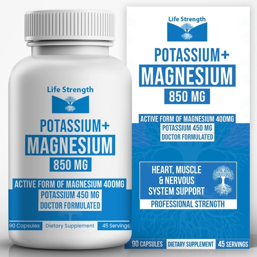 [BRSROYILA56RAET5] Life Strength Magnesium & Potassium Supplement 850mg – 90 Capsules – High Strength Electrolyte & Mineral Complex for Daily Wellness, Energy, Hydration, Muscle & Nerve Function Support