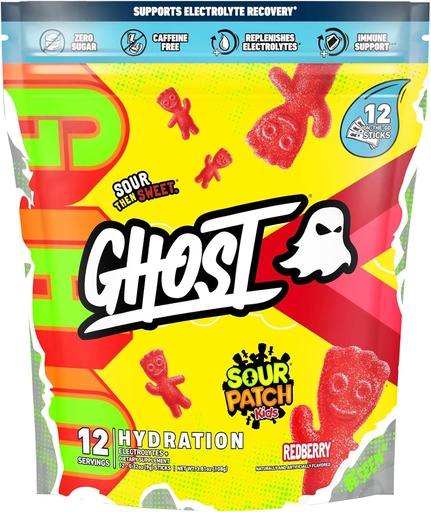 [BRSRAZYHDJYRQYDL] GHOST Hydration Packets, Sour Patch Kids Redberry, 12 Sticks, Electrolyte Powder - Drink Mix Supplement with Magnesium, Potassium, Calcium, Vitamin C - Vegan, Free of Soy, Sugar & Gluten