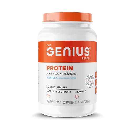 [BRSWYBAYBMIWE2DZ] Genius Protein Powder, Vanilla - Dual Protein Blend with Improved Whey Isolate & Natural Egg White for Lean Muscle Building for Men & Women - Grass-Fed Pre & Post Workout Meal Replacement Shake
