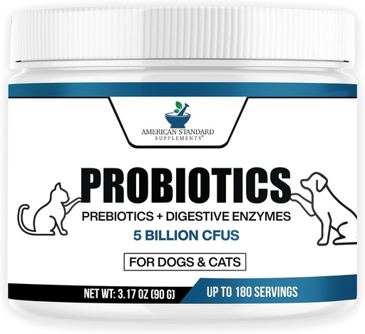 [BRSRAGDYDEPWK2T7] American Standard Supplements Probióticos para Cães e Gatos com Prebióticos e Enzimas Digestivas, 5 bilhões de UFC, 9 Strains, 3,17 oz (90g), 180 Servings - Dog & Cat Probióticos para Gut Health & Digestion