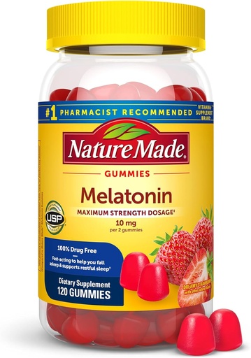 [BRSWYFAHAUCAE3DO] Nature Made Melatonin 10 mg por servir Gummies, Sleep Gummies for Adults Maximum Strength Dosage, 100% Drug Free Sleep Aid, 120 Conde, 60 Day Supply