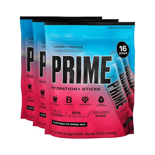 [BRSROCQPAB7WG2TK] PRIME HYDRATION+ Sticks Cherry Freeze | Hydration Powder Single Serve Sticks | Electrolyte Powder On The Go | 250mg BCAAs, B Vitamins, Antioxidants | Low Sugar | Caffeine-Free | Vegan | 48 Sticks