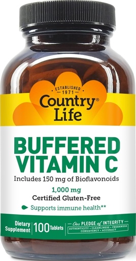 [BRSWIY37AEHQIHLC] Country Life Buffered Vitamin C 1,000 mg with Bioflavonoids, 100 Tablets | Powerful antioxidant supports immune health; Certified Gluten-Free, Vegan and Kosher Parve