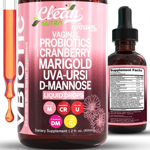 [BRSRAGIQCN5B6DY3] Clean Nutraceuticals VBiotic Vaginal Probiotic for Women Liquid Drops | Cranberry Uva Ursi Horsetail D-Mannose Prebiotics Marigold & Black Cohosh Vaginal Health Supplement | pH Balance