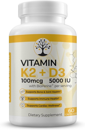[BRSROHD2BECWO3DD] Vitamin D3 K2 Supplement, 5000 IU - Supports Immune and Cardiac Wellness, High Potency, Gluten Free, 60 Capsules