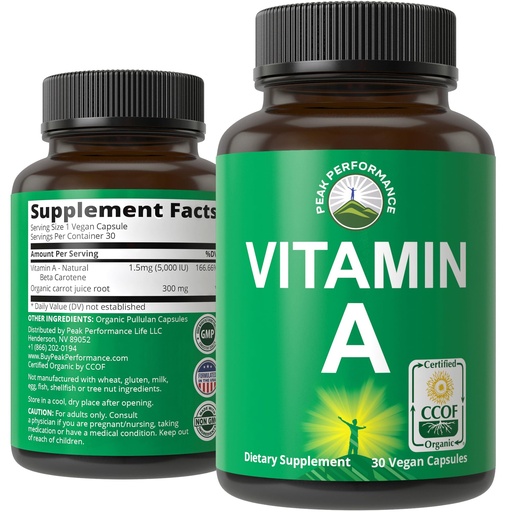 [BRSWYZQ3A4HBQH3J] Certified Organic Vitamin A 5000 IU Supplement Capsules - High Potency Vitamins - for Adults, Men, Women, Kids - Made with Carrot Juice - Great for Immune, Skin, Eye Support - Non GMO, Vegan Pills