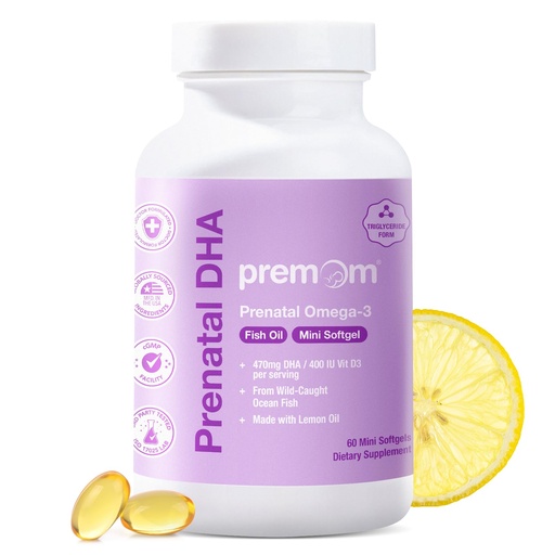 [BRSRMYIQOEFAAC3F] Premom Prenatal DHA, 60 Mini Softgels, Omega-3 Fish Oil, Bioavailable Triglyceride Form, 470mg DHA, 200mg EPA, & 400IU Vitamin D3, Supports Brain Health in Babies During Pregnancy*, Lemon Oil Infused